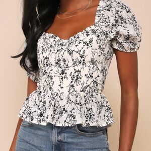 Lulus Sweetest Direction Ivory And Black Floral Puff Sleeve Top White - Size L